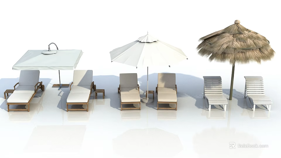 Outdoor Leisure Furniture Featuring Beach Chairs And Various Umbrella Styles 3d model 
