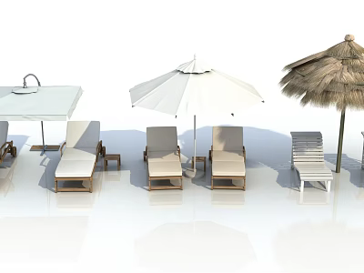Outdoor Leisure Furniture Featuring Beach Chairs And Various Umbrella Styles 3d model