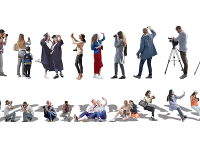 Group of People Standing and Sitting in Different Poses with Cameras and Tripod 3d model