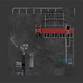 Industrial Style Building With Blue Roof Red Borders Pipes Stairs And Exterior Equipment