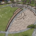 Vibrant Urban Public Square With Red Brick Buildings Palm Trees Pink Flowering Trees And People