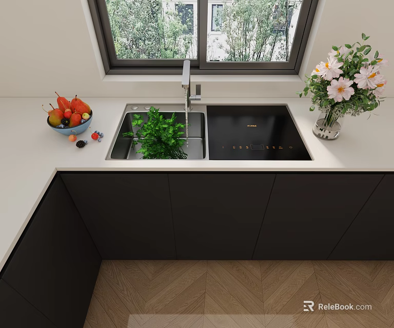 Modern Kitchen Interior With Double Sink White Countertop Black Cabinets And Appliances 3d model 