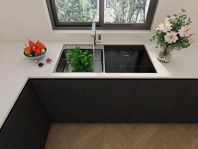 Modern Kitchen Interior With Double Sink White Countertop Black Cabinets And Appliances 3d model