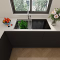 Modern Kitchen Interior With Double Sink White Countertop Black Cabinets And Appliances