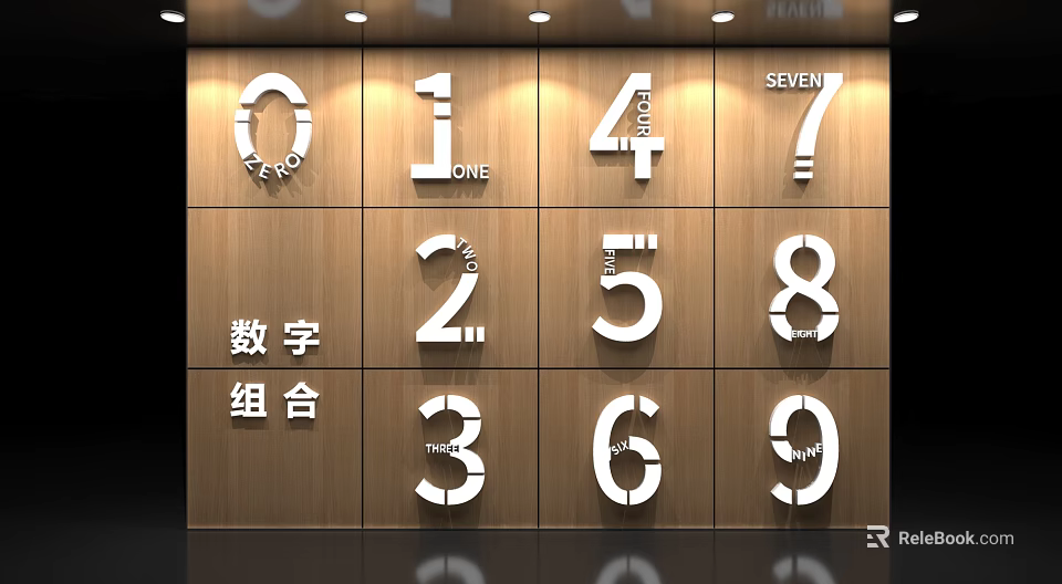 Modern 3D Numbers Design On Wooden Background With English Word Labels 3d model 