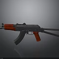 Modern AK Rifle With Red Grip And Stock Metal Finish Design Isolated On Dark Background
