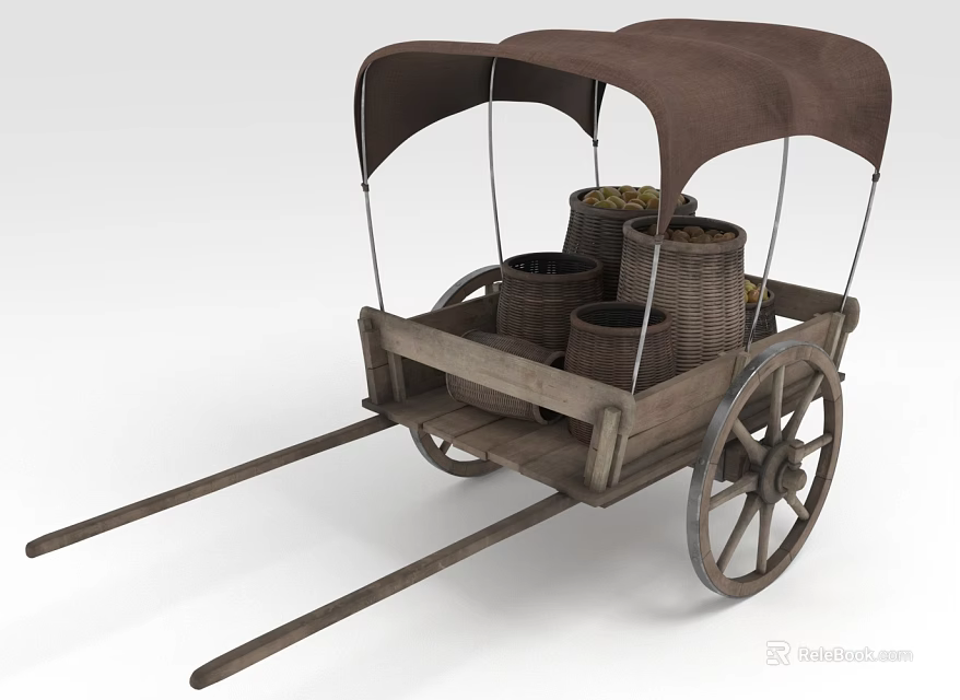 Traditional Wooden Horse Drawn Carriage With Canopy Barrels And Baskets 3d model 