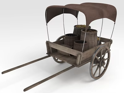 Traditional Wooden Horse Drawn Carriage With Canopy Barrels And Baskets 3d model