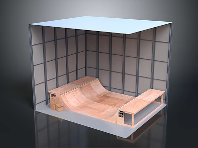 Indoor Skateboard Training Facility With Wooden Ramp Platform And Metal Frame Structure 3d model