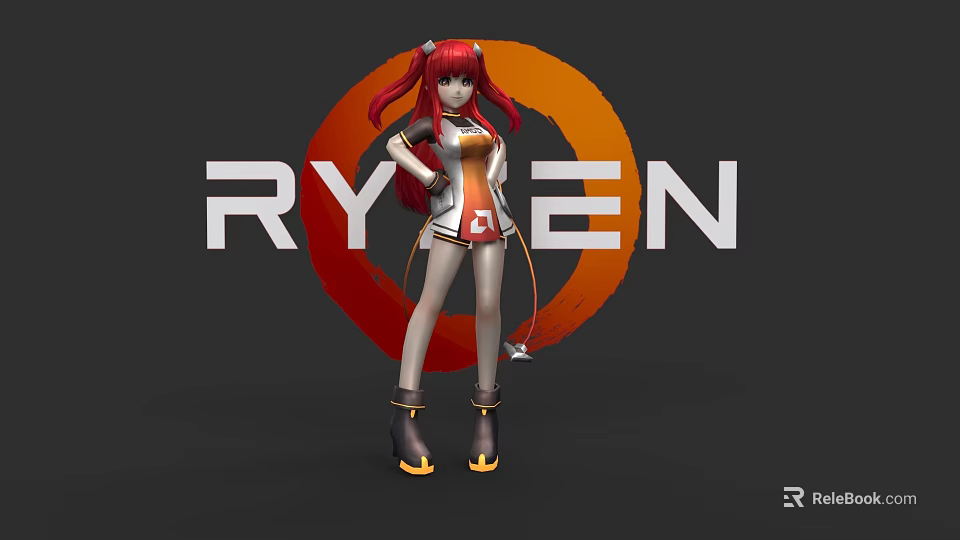 Game Movie Character Red Haired Female In Orange White Outfit With Ryzen Logo Circular Background 3d model 