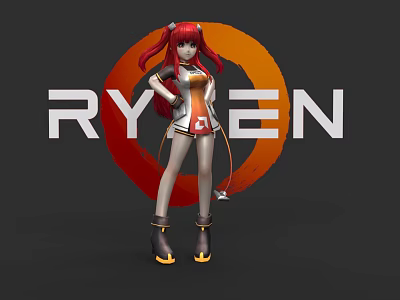 Game Movie Character Red Haired Female In Orange White Outfit With Ryzen Logo Circular Background 3d model