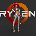 Game Movie Character Red Haired Female In Orange White Outfit With Ryzen Logo Circular Background