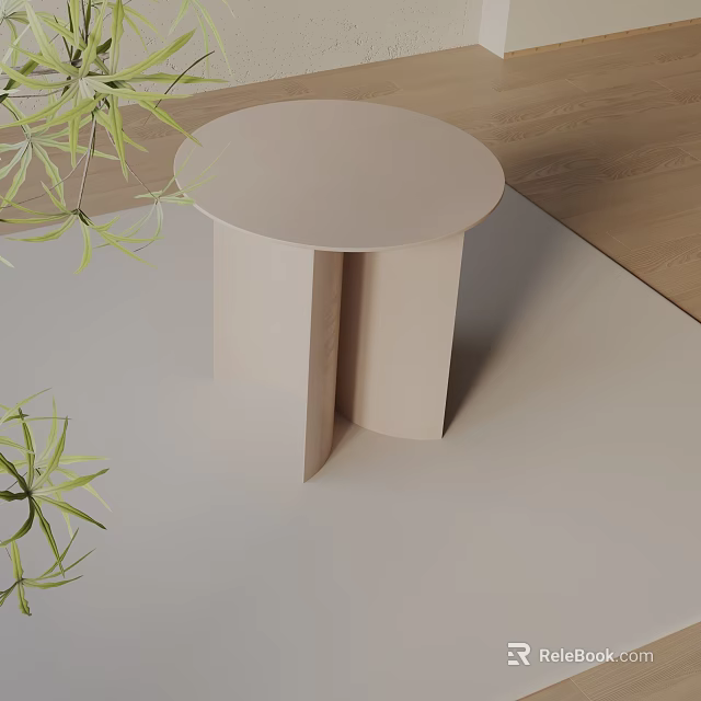 Modern Round Beige Side Table With Simple Design And Green Plants 3d model