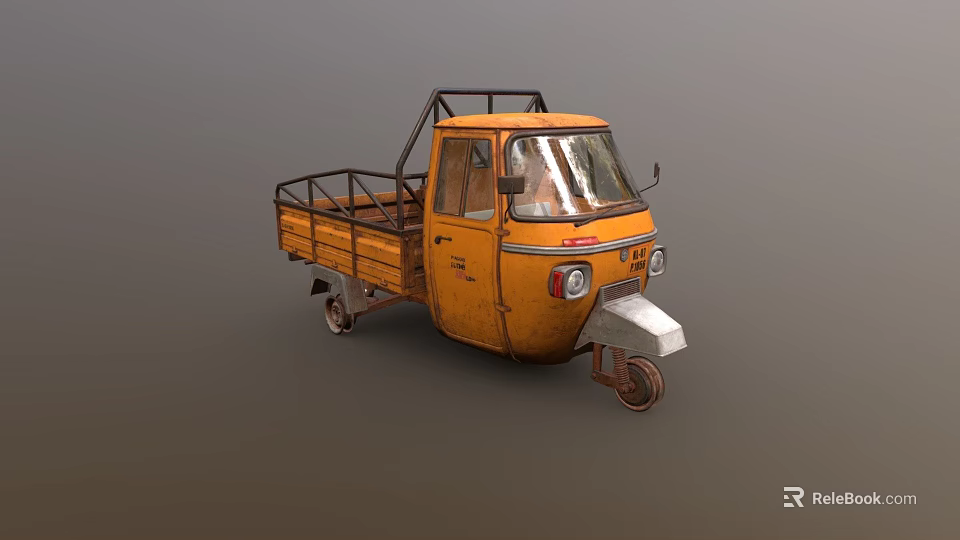 Orange Vintage Three Wheeler Truck With Cab Windshield Cargo Bed And Metal Frame 3d model 