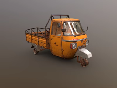 Orange Vintage Three Wheeler Truck With Cab Windshield Cargo Bed And Metal Frame 3d model