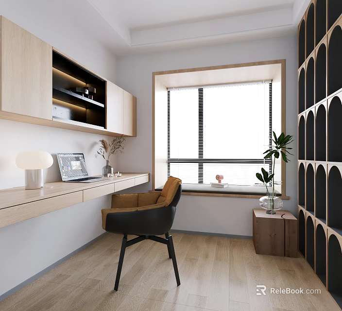 Modern Study Room Interior With Desk Chair Window And Plants 3d model