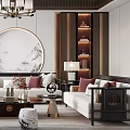 Elegant Living Room Interior With Circular Wall Art Display Shelves Sofa And Table Lamp