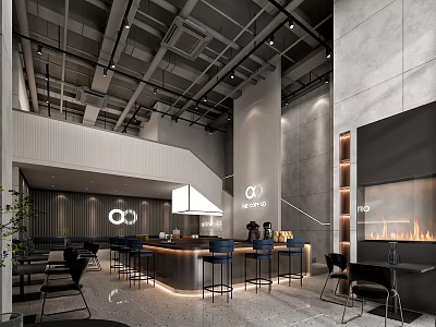Modern Industrial Café Interior With Bar Counter High Stools Gray Walls Fireplace And Staircase 3d model