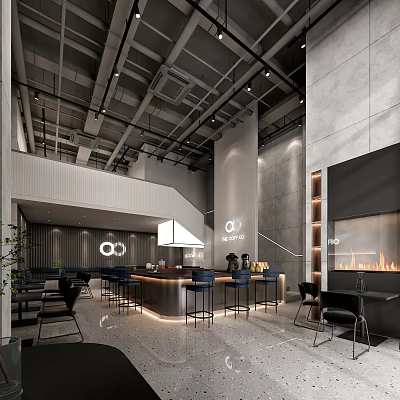 Modern Industrial Café Interior With Bar Counter High Stools Gray Walls Fireplace And Staircase 3d model