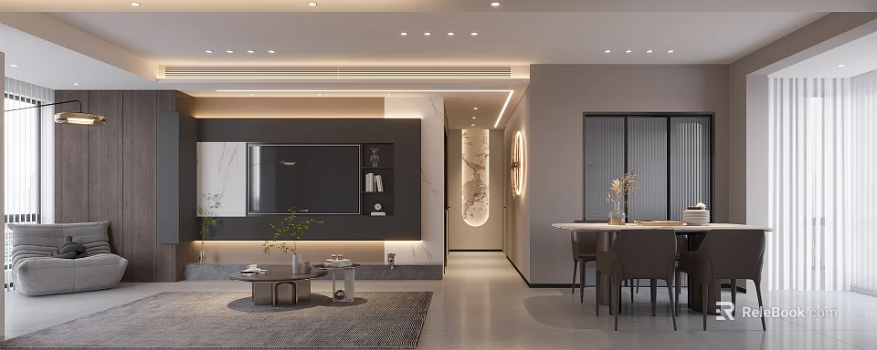 Modern Living And Dining Room Interior With Marble TV Wall Dining Table And Decorative Plants 3d model 