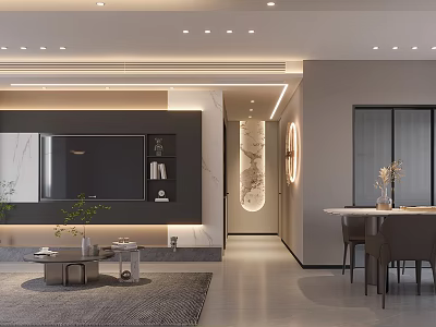 Modern Living And Dining Room Interior With Marble TV Wall Dining Table And Decorative Plants 3d model