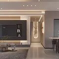Modern Living And Dining Room Interior With Marble TV Wall Dining Table And Decorative Plants