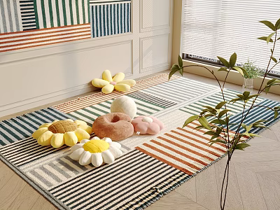Plush Toys On Colorful Striped Rug In Cozy Room 3d model