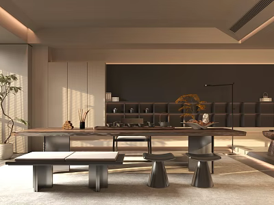 Modern Tea Room Interior With Wooden Tea Table Stools Shelves And Floor Lamp 3d model