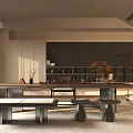 Modern Tea Room Interior With Wooden Tea Table Stools Shelves And Floor Lamp