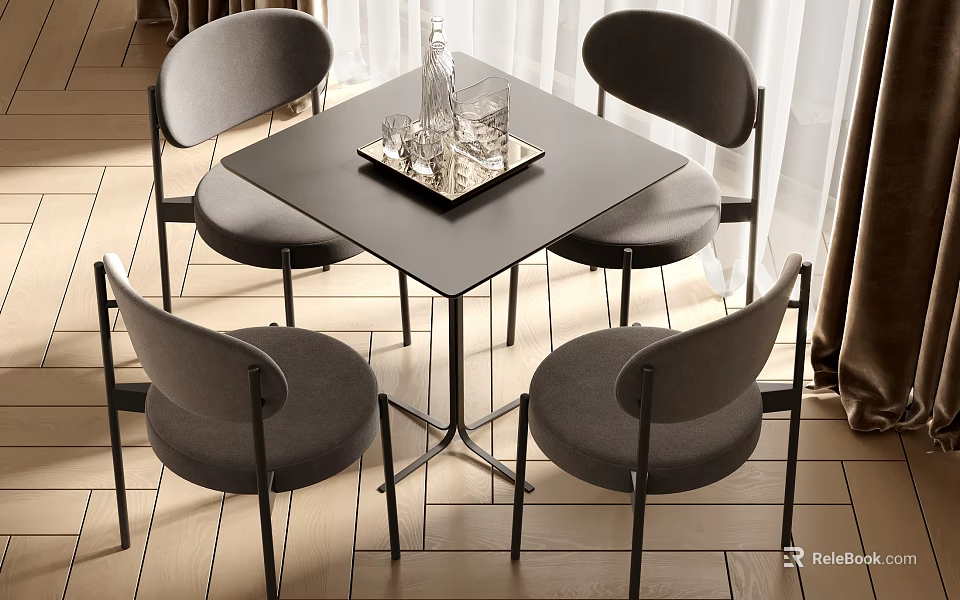 Modern Black Square Dining Table Set With Four Gray Chairs And Metal Frame 3d model