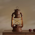 Vintage Brown Kerosene Lamp With Glass Panel On Wooden Table And Red Fruits