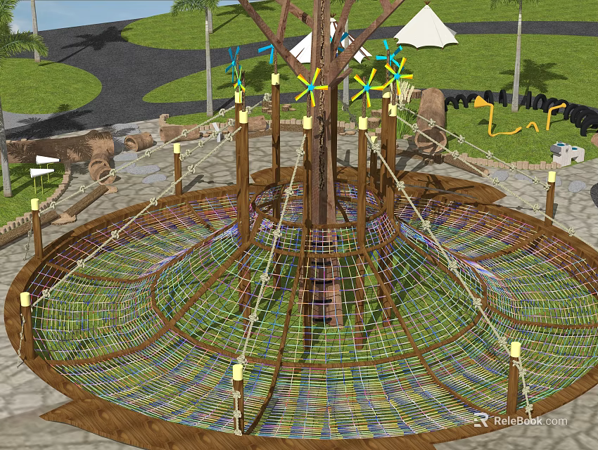 Garden Ornament With Tree Centered Rope Net And Wooden Frame In Grass Area 3d model 