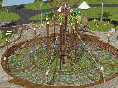 Garden Ornament With Tree Centered Rope Net And Wooden Frame In Grass Area 3d model