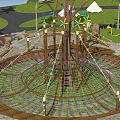 Garden Ornament With Tree Centered Rope Net And Wooden Frame In Grass Area