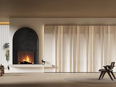 Modern Interior With Black Arch Fireplace Burning Fire White Paneled Walls And Wooden Chair 3d model