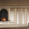 Modern Interior With Black Arch Fireplace Burning Fire White Paneled Walls And Wooden Chair