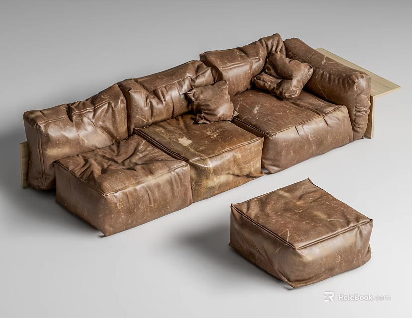 Vintage Brown Leather Multi Seater Sofa With Ottoman And Decorative Cushions 3d model 