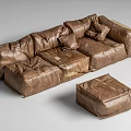 Vintage Brown Leather Multi Seater Sofa With Ottoman And Decorative Cushions