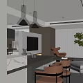 Modern Open Concept Dining And Living Room With Pendant Lights Sofa Dining Table And Plant