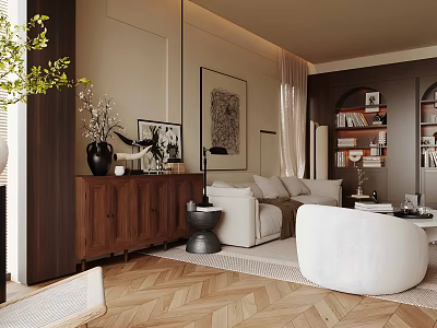 Modern Living Room Interior Design With Beige Sofa Round Armchair Herringbone Floor And Decorative Art 3d model