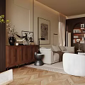 Modern Living Room Interior Design With Beige Sofa Round Armchair Herringbone Floor And Decorative Art