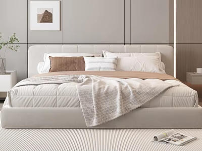 Modern Double Bed with Upholstered Headboard Pillows Throw Blanket Nightstand Plants and Rug 3d model