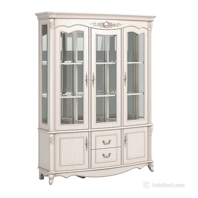 Classic White Bookcase With Glass Doors Drawers Wooden Shelves And Storage Design 3d model 