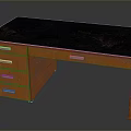 Wooden Desk With Black Top And Three Drawers Featuring Metal Handles