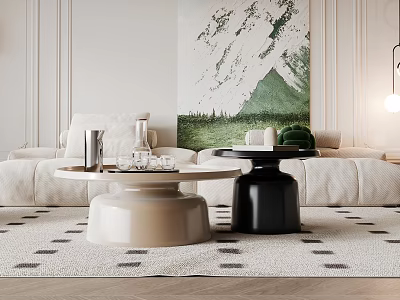Modern Living Room Coffee Tables In Beige And Black With Sofa Rug And Wall Art 3d model