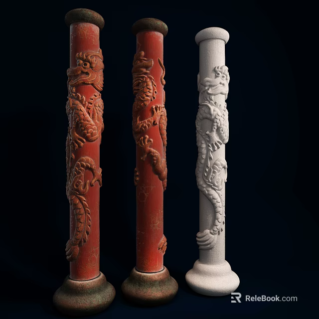 Decorative Columns with Intricate Dragon Carvings in Red and White Colors 3d model 