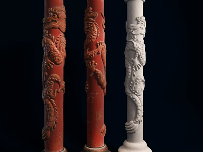Decorative Columns with Intricate Dragon Carvings in Red and White Colors 3d model