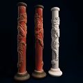 Decorative Columns with Intricate Dragon Carvings in Red and White Colors