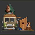 Cute Food Truck Scene With Squirrel Pine Tree Wooden Shed And Stump Table
