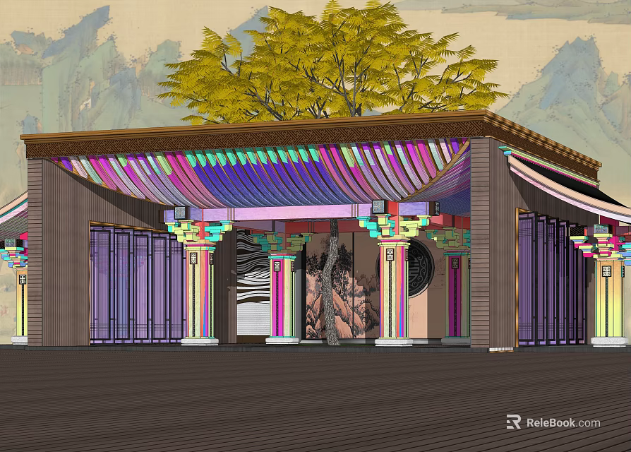 Traditional Pergola with Colorful Painted Beams Ornate Columns and Yellow Tree Backdrop 3d model 